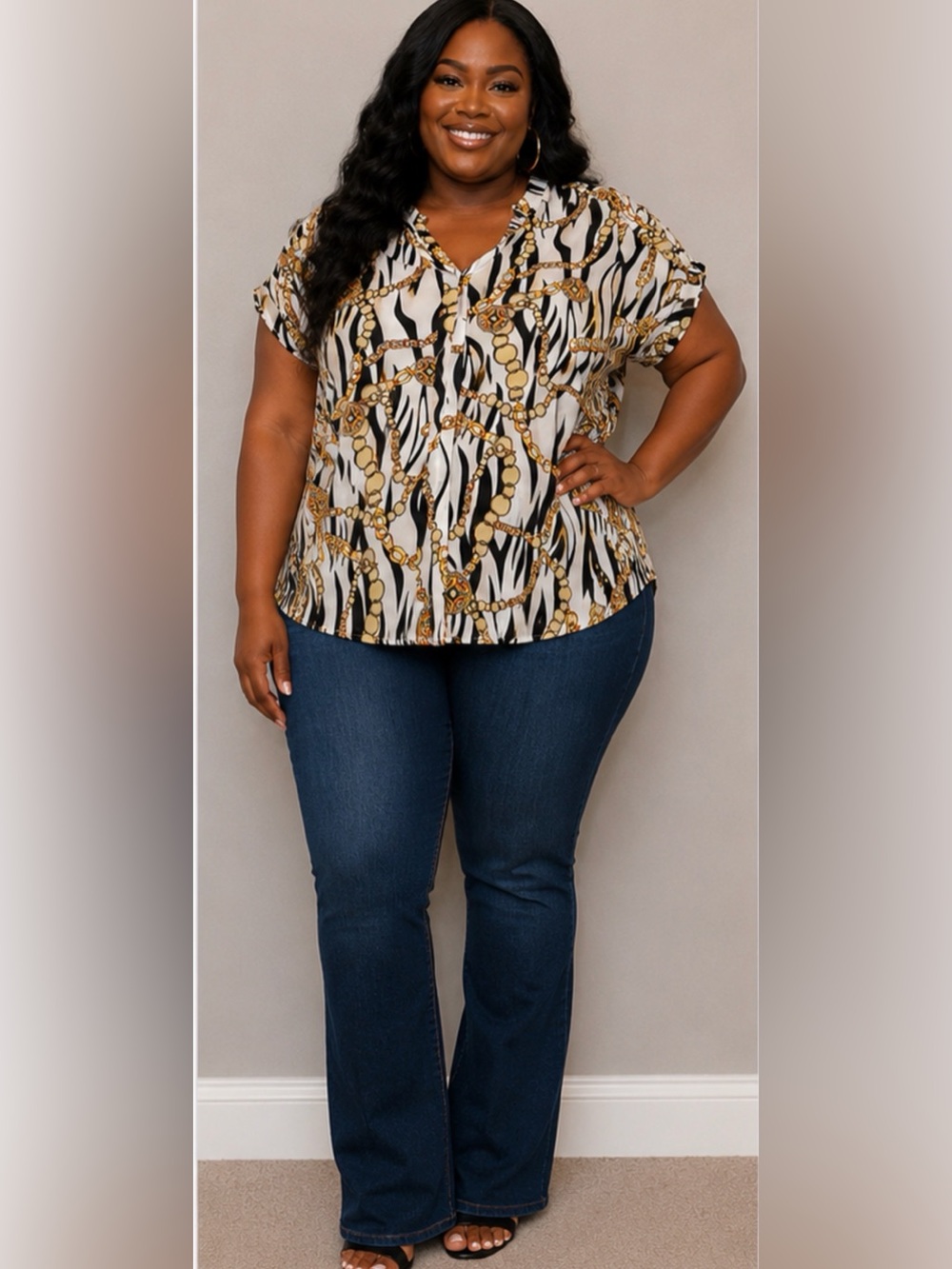 SHEIN Black White Zebra Print Blouse with Gold Chain Detail